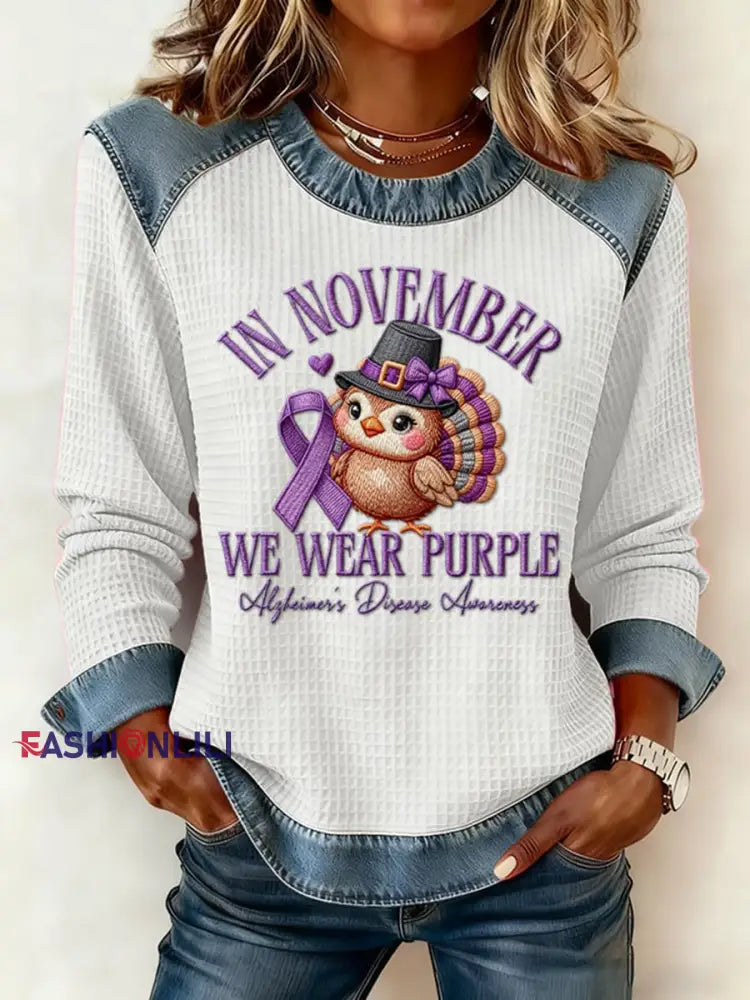Women’s Casual Retro Style: Purple Waffle Knit Tops for November White / S