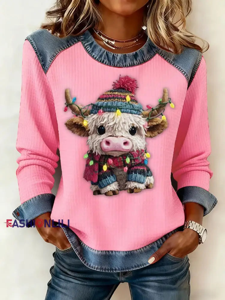 Women’s Casual Retro Western Cute Christmas Highland Cow Denim Patchwork Top Pink / S