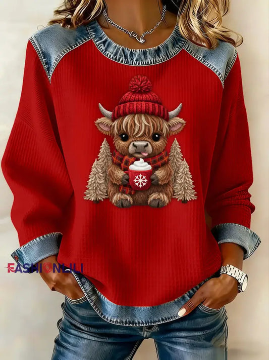 Women’s Casual Retro Western Cute Christmas Highland Cow Denim Patchwork Top Red / S