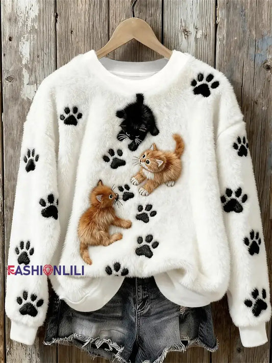 Women’s Cat Art Print Casual Top White / S