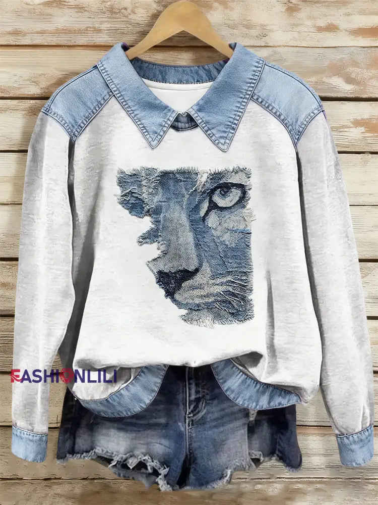 Women’s Cat Art Print Casual Top White / S