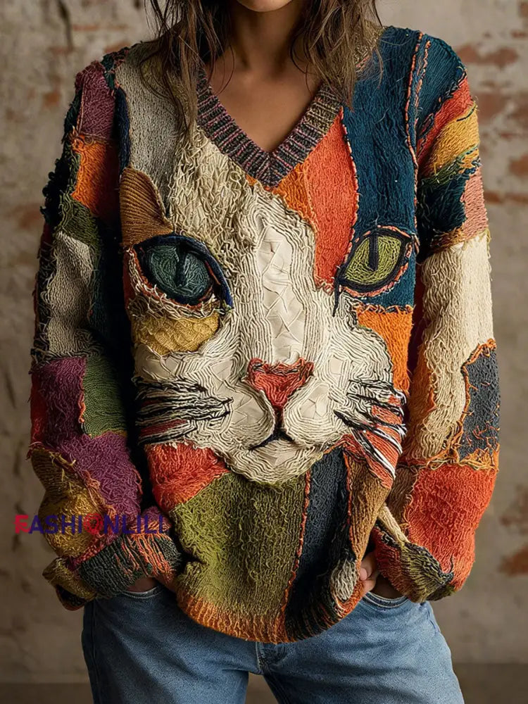 Women’s Cat Geometric Art Print V-Neck Tops As picture / S