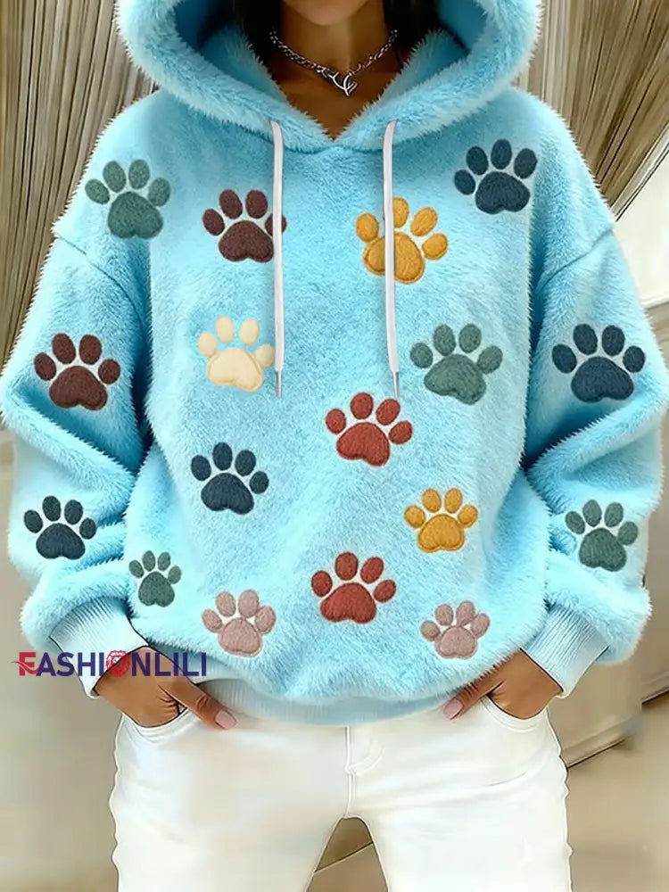 Women’s Cat Paw Printed Flannel Hoodie Light Blue / S