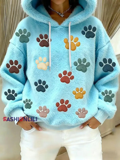 Women’s Cat Paw Printed Flannel Hoodie Light Blue / S
