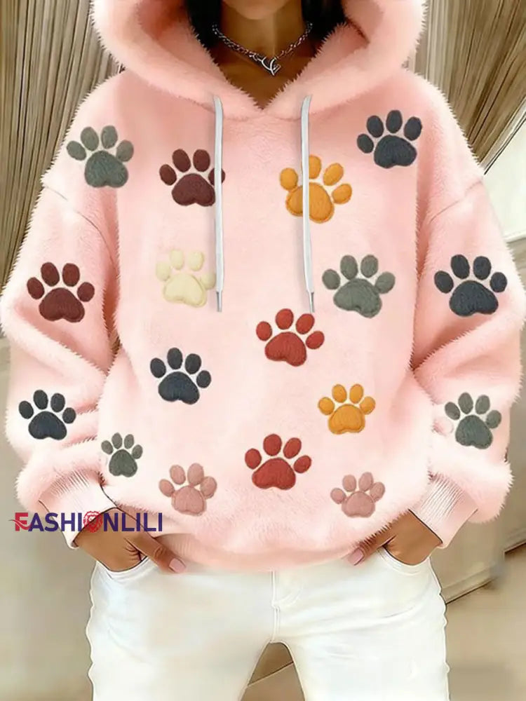 Women’s Cat Paw Printed Flannel Hoodie Pink / S