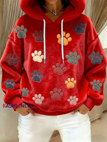 Women’s Cat Paw Printed Flannel Hoodie Red / S
