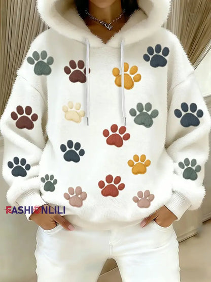 Women’s Cat Paw Printed Flannel Hoodie White / S