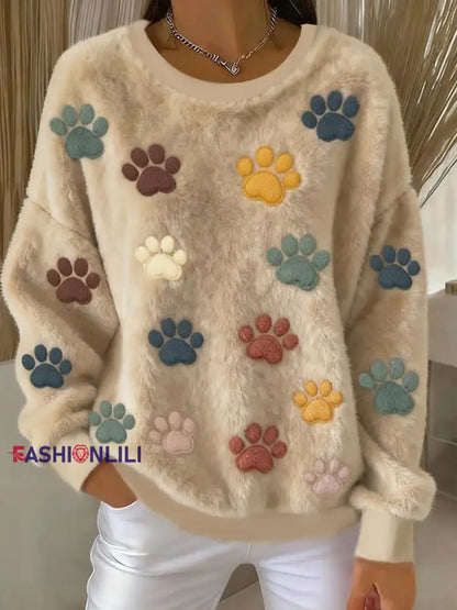 Women’s Cat Paw Printed Flannel Sweatshirt Khaki / S