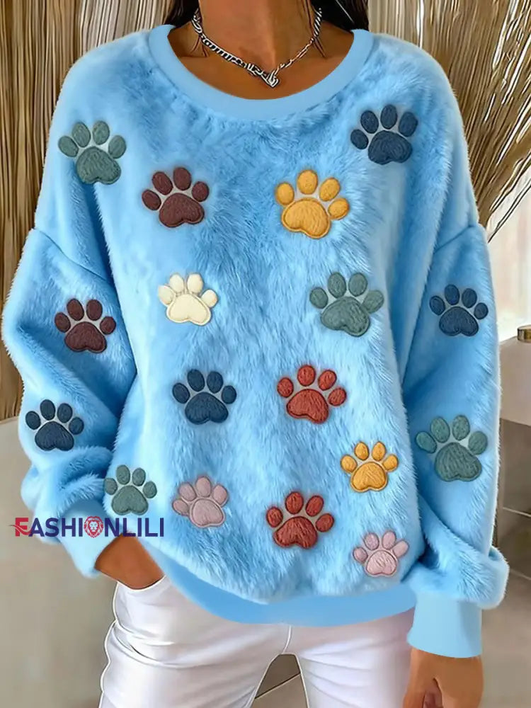 Women’s Cat Paw Printed Flannel Sweatshirt Light Blue / S