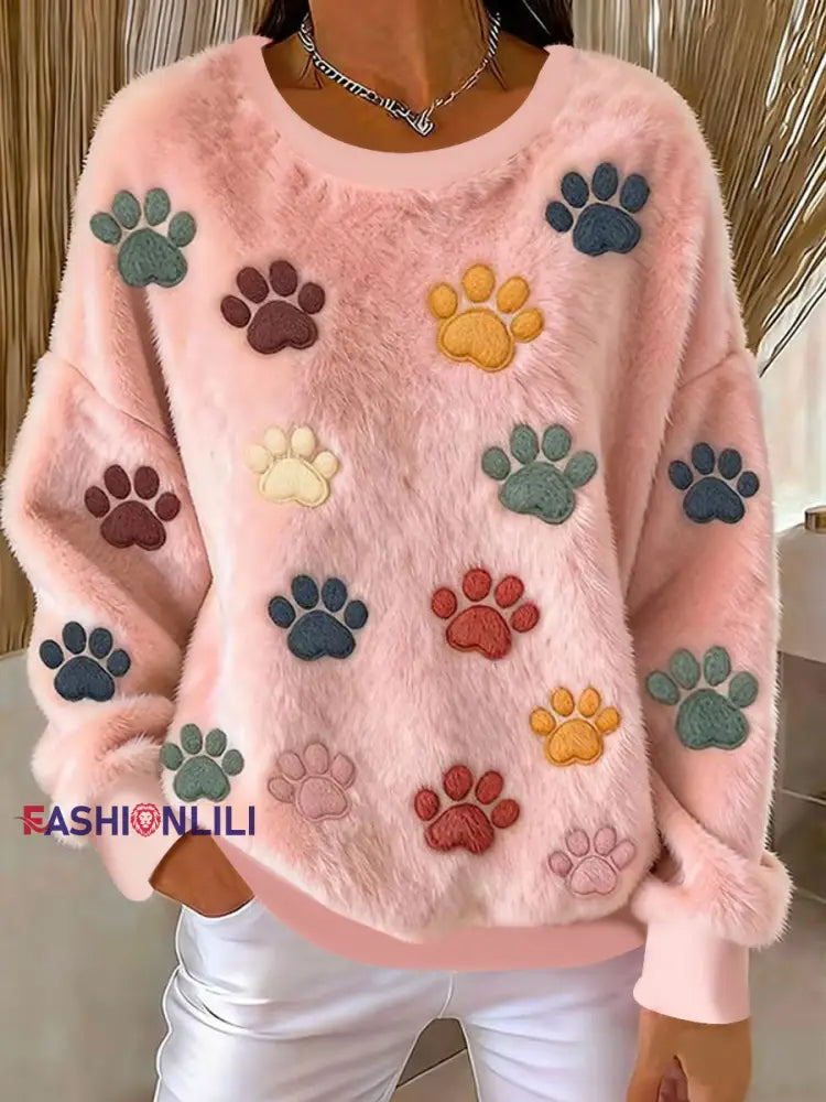 Women’s Cat Paw Printed Flannel Sweatshirt Pink / S