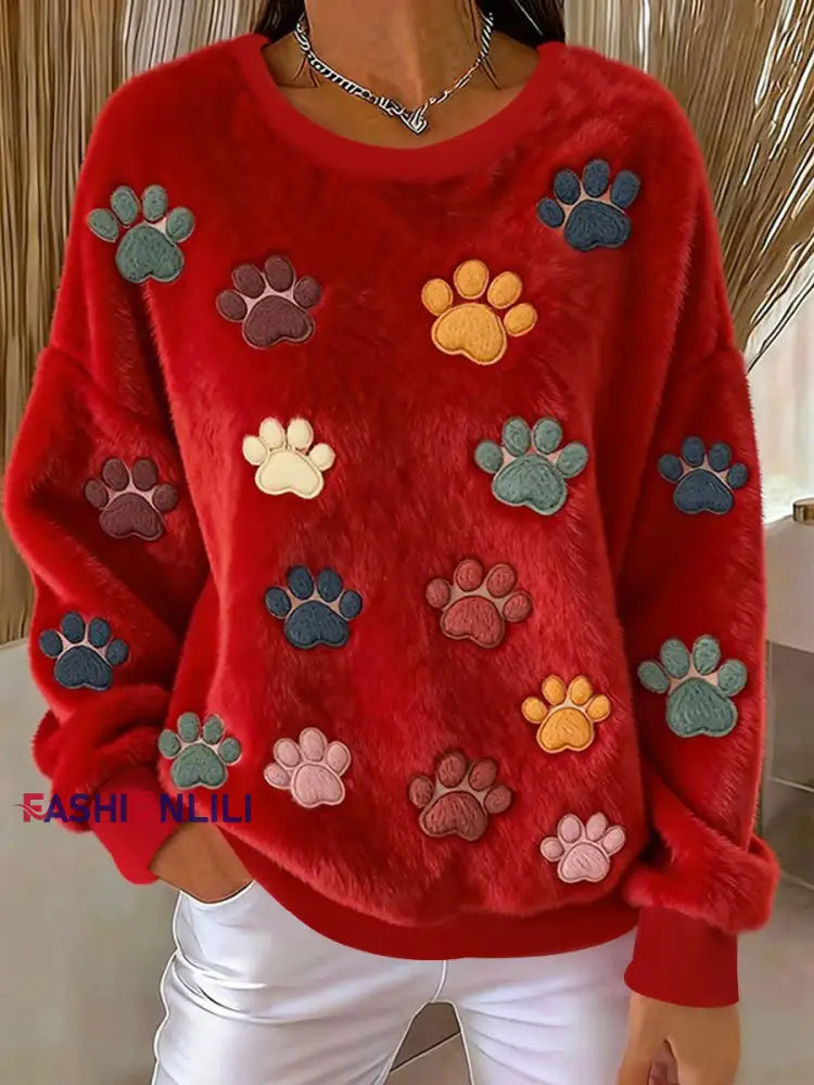 Women’s Cat Paw Printed Flannel Sweatshirt Red / S