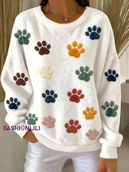 Women’s Cat Paw Printed Flannel Sweatshirt White / S