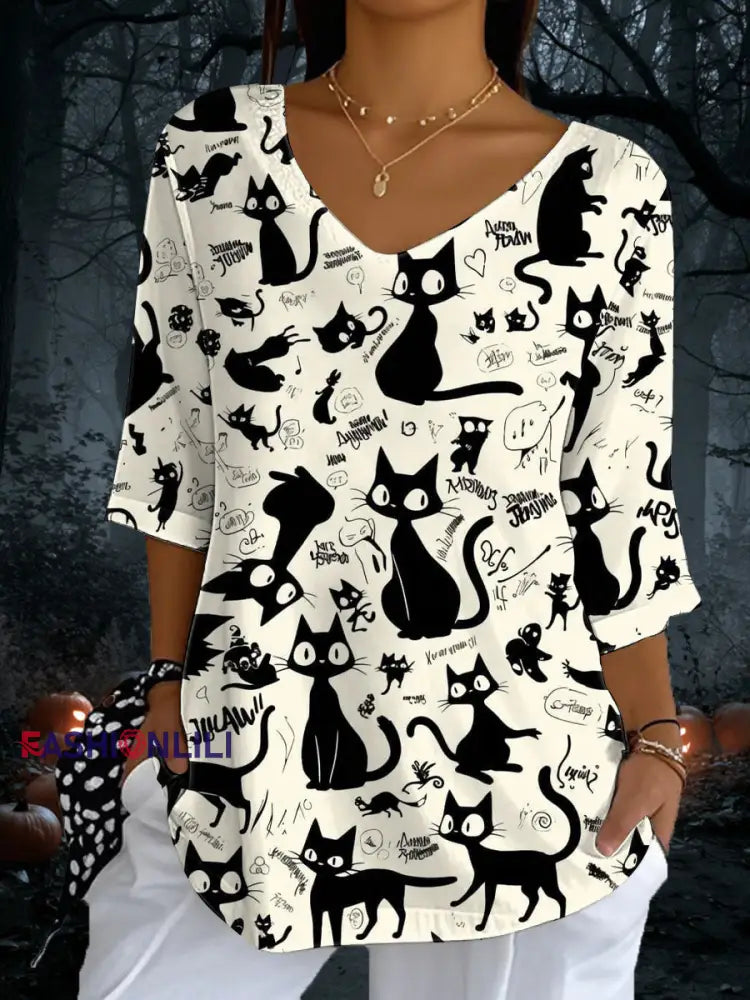 Women’s Cat Print Casual Half Sleeve Top As picture / S