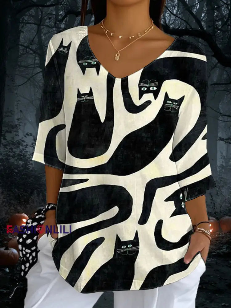 Women’s Cat Print Casual Half Sleeve Top As picture / S