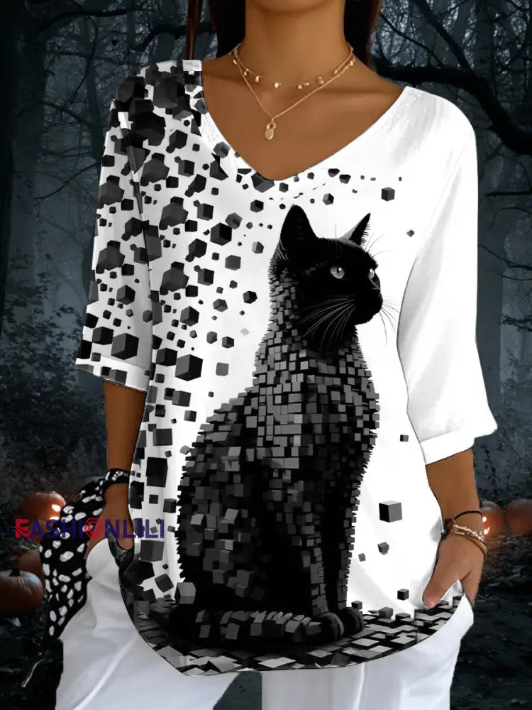 Women’s Cat Print Casual Half Sleeve Top As picture / S