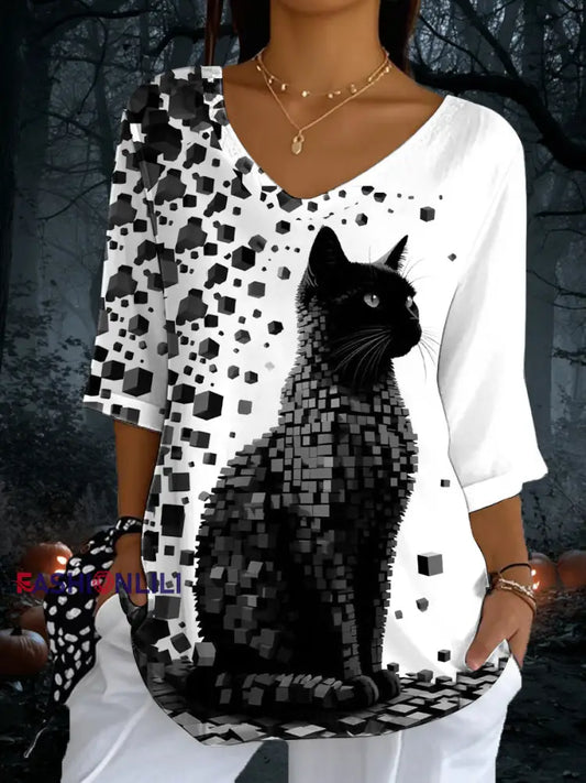 Women’s Cat Print Casual Half Sleeve Top As picture / S