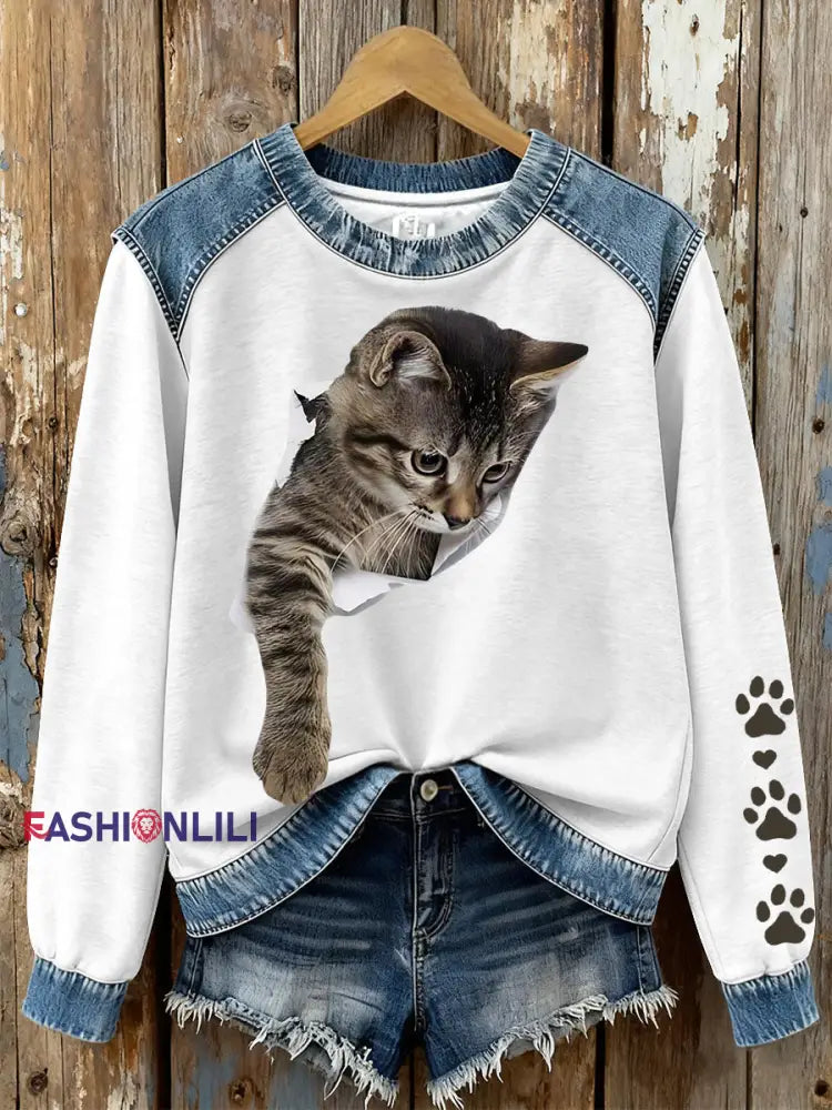 Women’s Cat Print Sweatshirts White / S