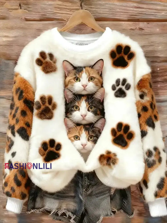 Women’s Cat Printed Flannel Sweatshirt As picture / S