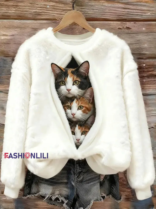 Women’s Cat Printed Flannel Sweatshirt White / S