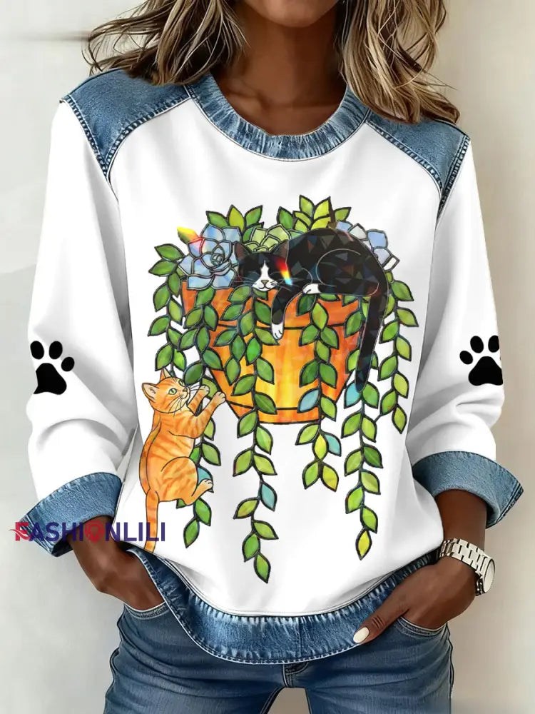 Women’s Cats Print Sweatshirts White / S