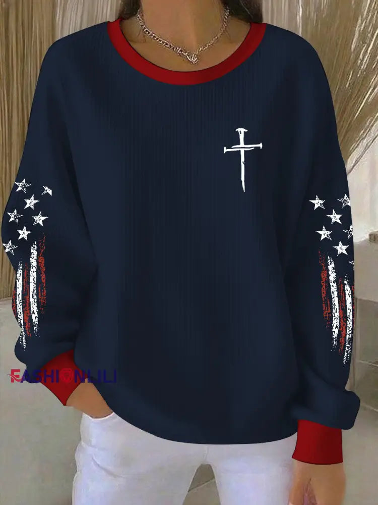 Women’s Women’s Christian Cross Ribbed Round-Neck Sweatshirt Navy Blue / S