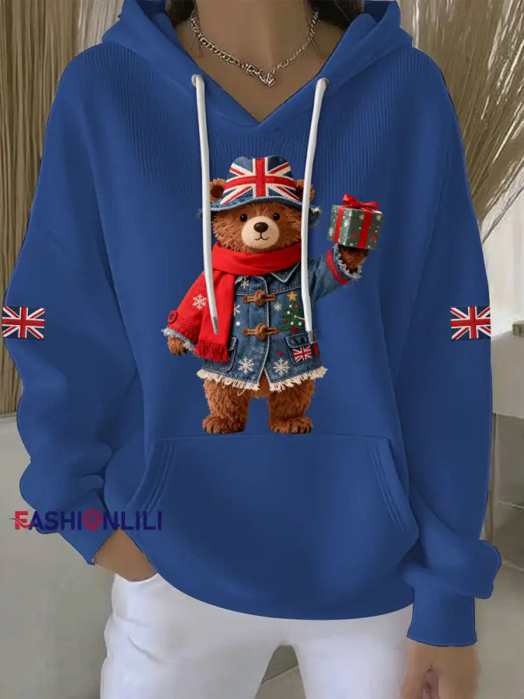Women’s Christmas British style Print Casual Hoodie Blue / S