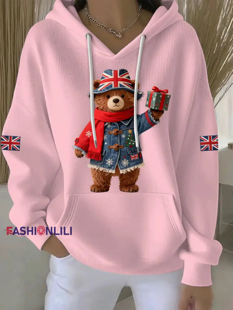 Women’s Christmas British style Print Casual Hoodie Pink / S