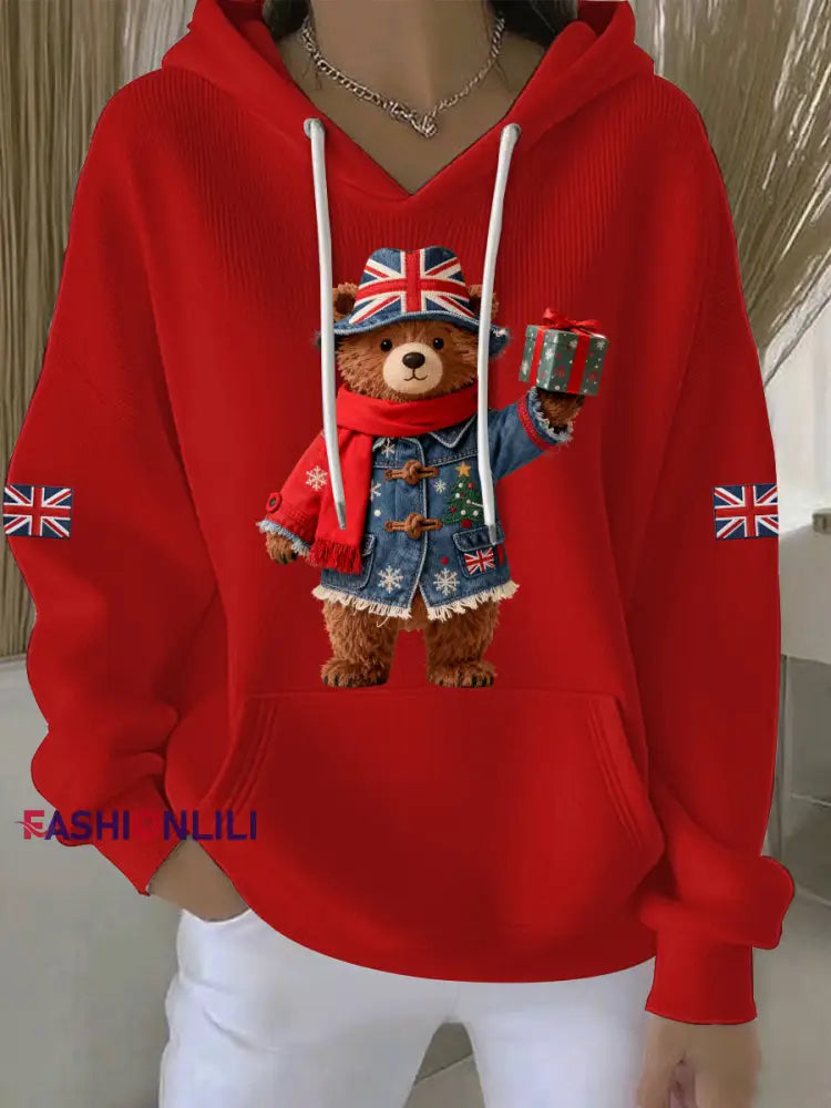 Women’s Christmas British style Print Casual Hoodie Red / S