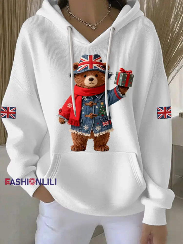 Women’s Christmas British style Print Casual Hoodie White / S