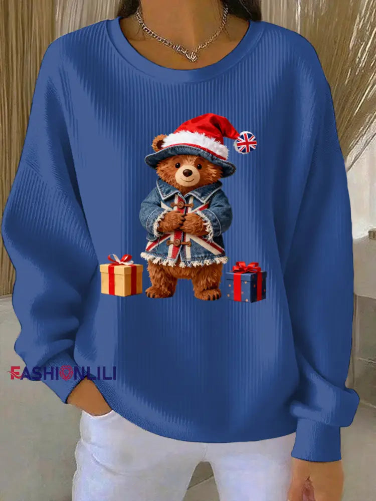 Women’s Christmas British Style Print Casual Sweatshirt Blue / S