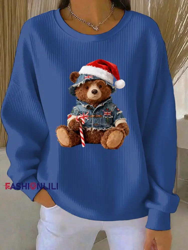Women’s Christmas British Style Print Casual Sweatshirt Blue / S