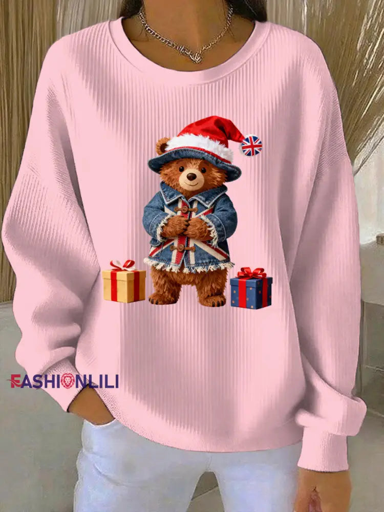 Women’s Christmas British Style Print Casual Sweatshirt Pink / S