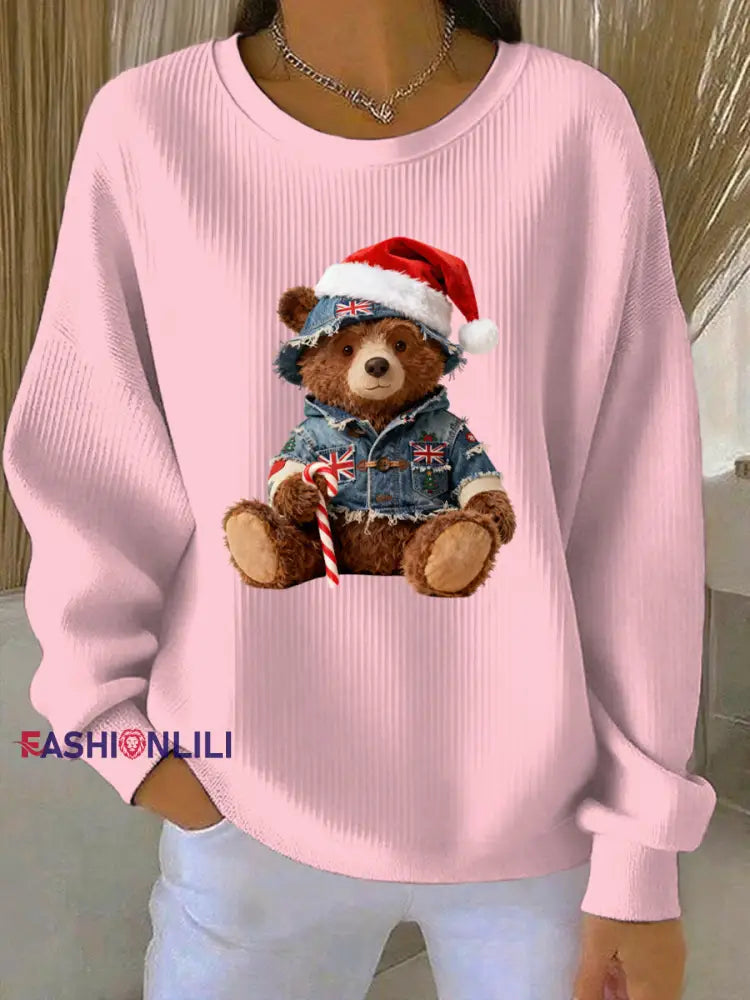 Women’s Christmas British Style Print Casual Sweatshirt Pink / S
