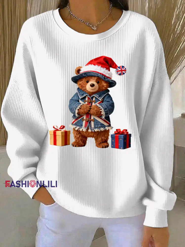 Women’s Christmas British Style Print Casual Sweatshirt White / S