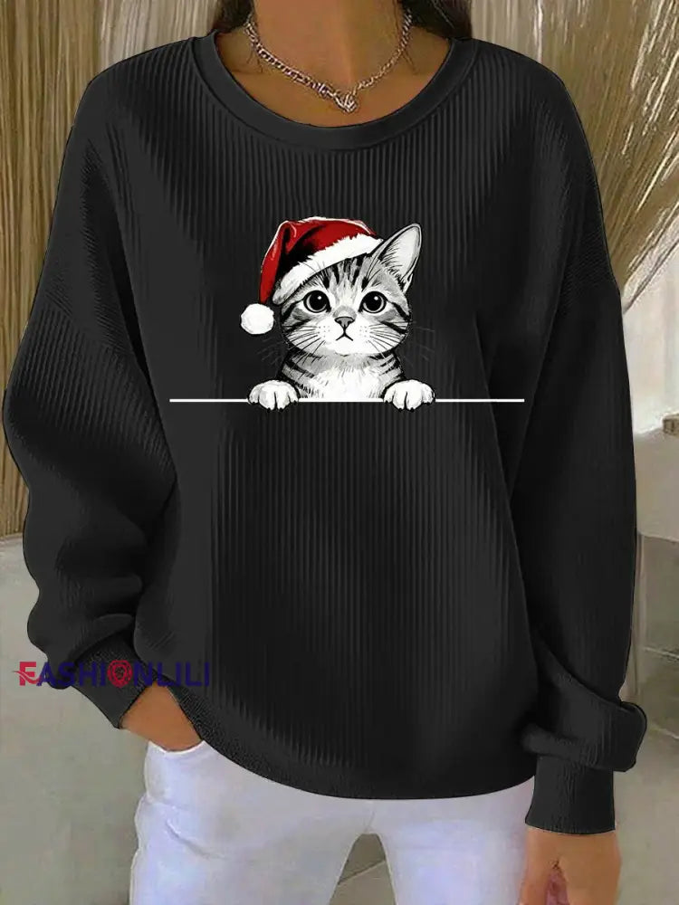 Women’s Christmas Cat Printed Sweatshirt Black / S
