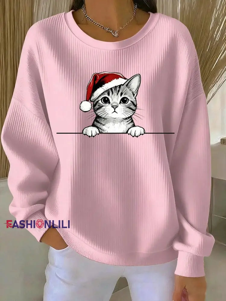 Women’s Christmas Cat Printed Sweatshirt Pink / S