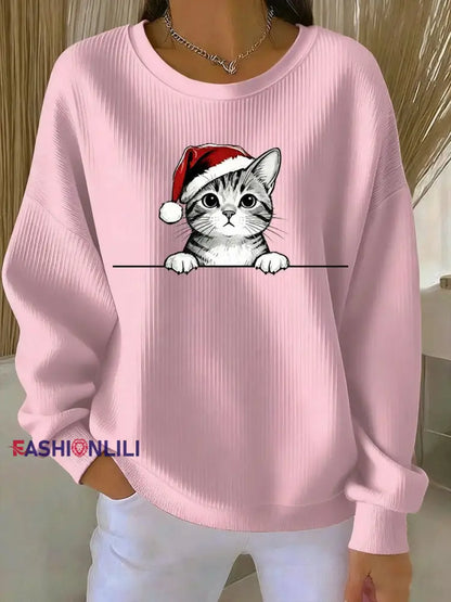 Women’s Christmas Cat Printed Sweatshirt Pink / S