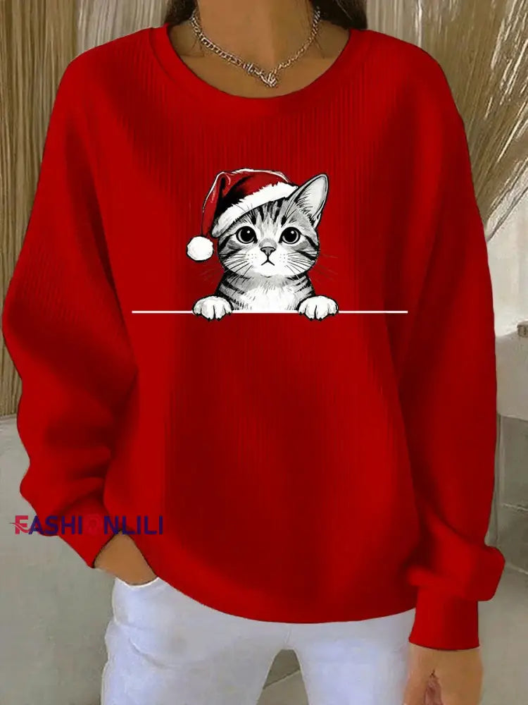 Women’s Christmas Cat Printed Sweatshirt Red / S