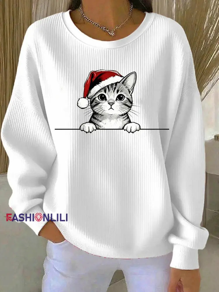Women’s Christmas Cat Printed Sweatshirt White / S