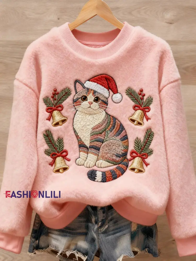 Women’s Christmas Cute Animal Art Print Casual Flannel Sweater Pink / S