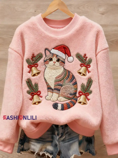 Women’s Christmas Cute Animal Art Print Casual Flannel Sweater Pink / S