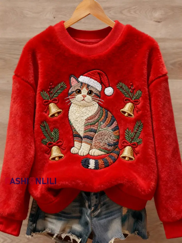 Women’s Christmas Cute Animal Art Print Casual Flannel Sweater Red / S