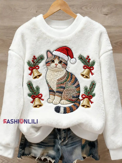 Women’s Christmas Cute Animal Art Print Casual Flannel Sweater White / S