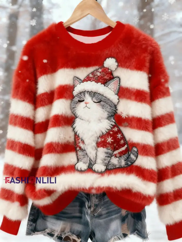 Women’s Christmas Cute Cat Flannel Hoodie Red / S