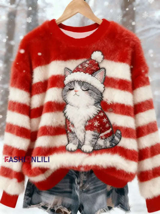 Women’s Christmas Cute Cat Flannel Hoodie Red / S