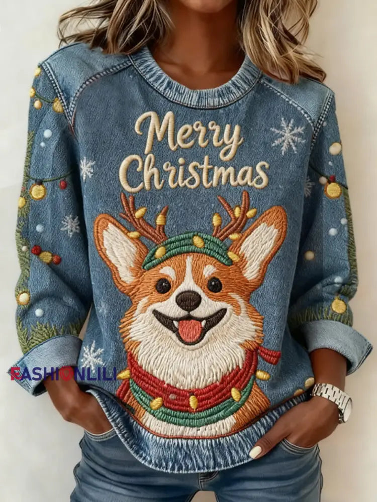 Women’s Christmas Cute Dog Denim Patchwork Top Blue / S