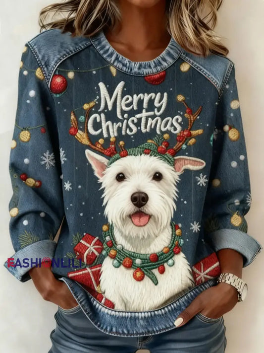 Women’s Christmas Cute Dog Denim Patchwork Top Blue / S
