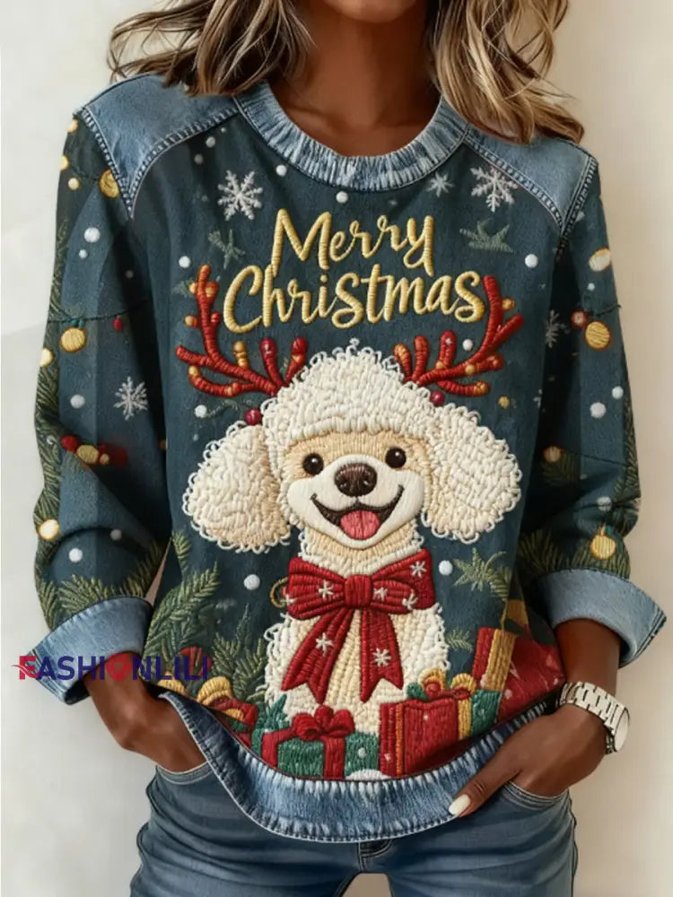 Women’s Christmas Cute Dog Denim Patchwork Top Blue / S