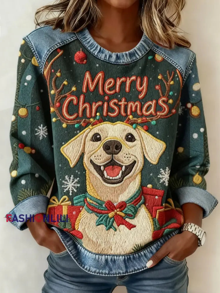 Women’s Christmas Cute Dog Denim Patchwork Top Blue / S