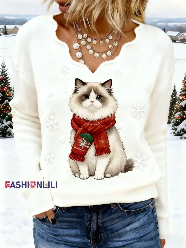 Women’s Christmas Cute Ragdoll Cat Print Cat Mom Gift Casual V-Neck Top Creamy-White / S